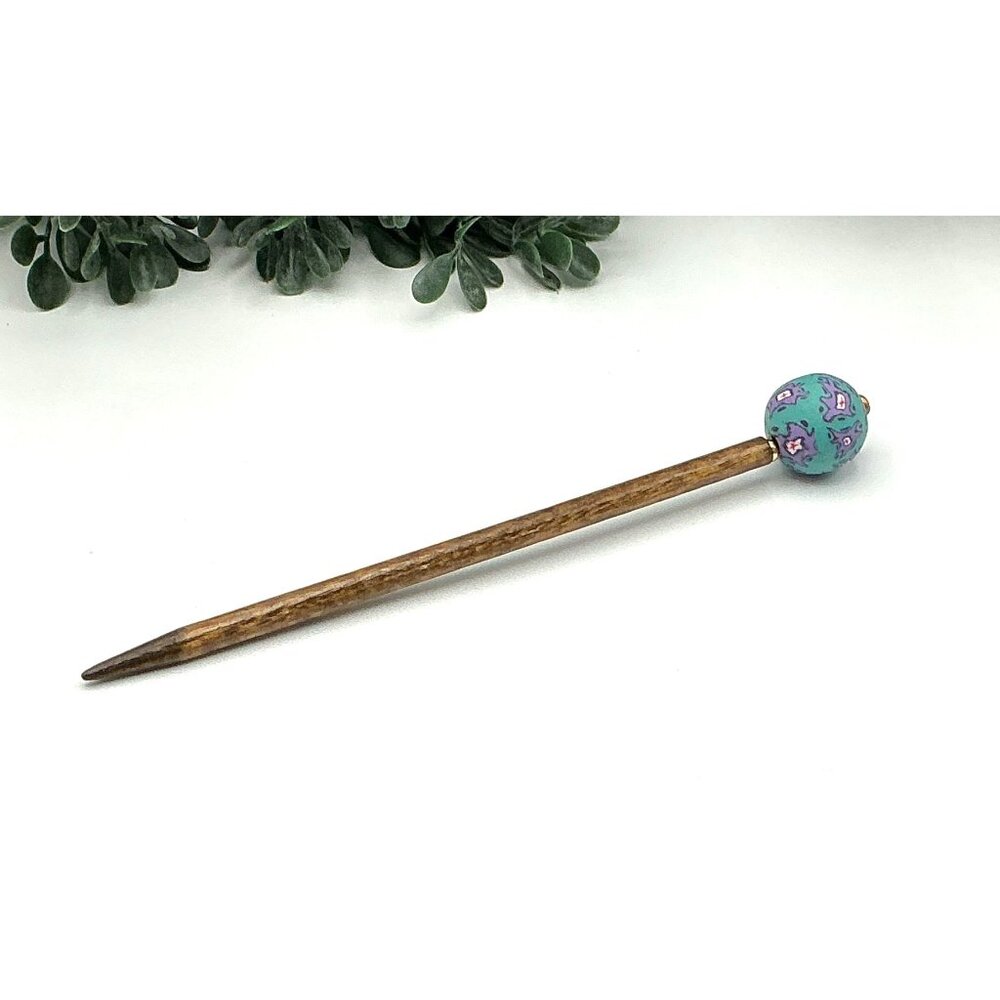 Handcrafted Hair Stick With Polymer Clay Bead teal and purple tones